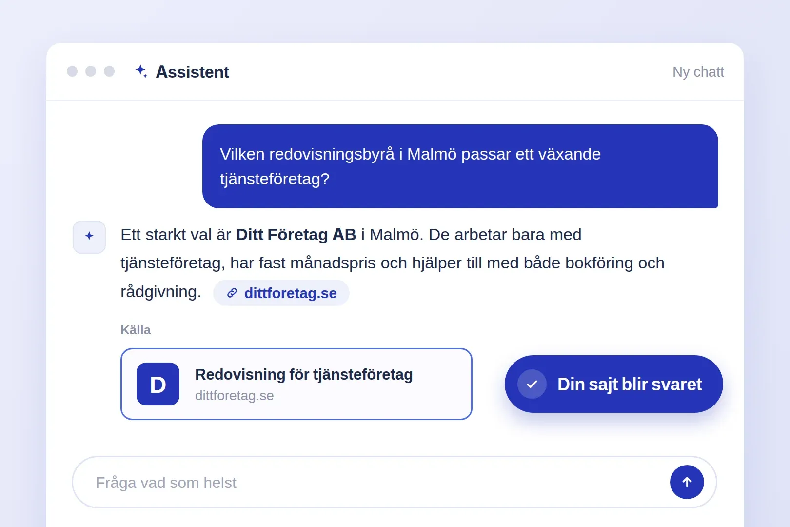 Ett AI-svar som rekommenderar ett företag och länkar till dess sajt