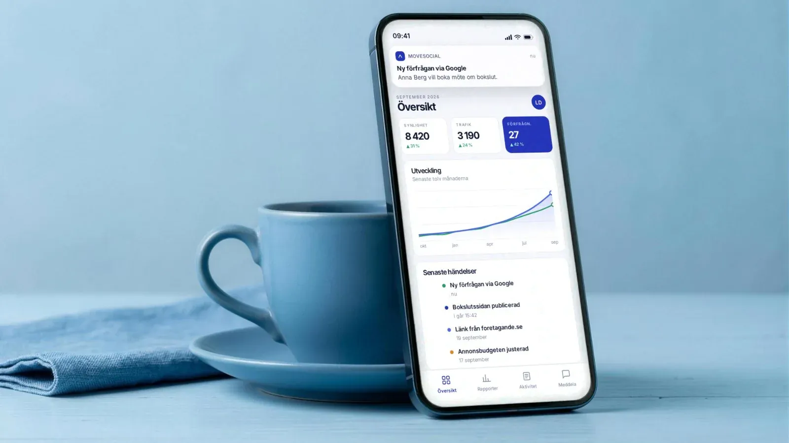 Kundportalen i mobilen med en notis om en ny förfrågan via Google