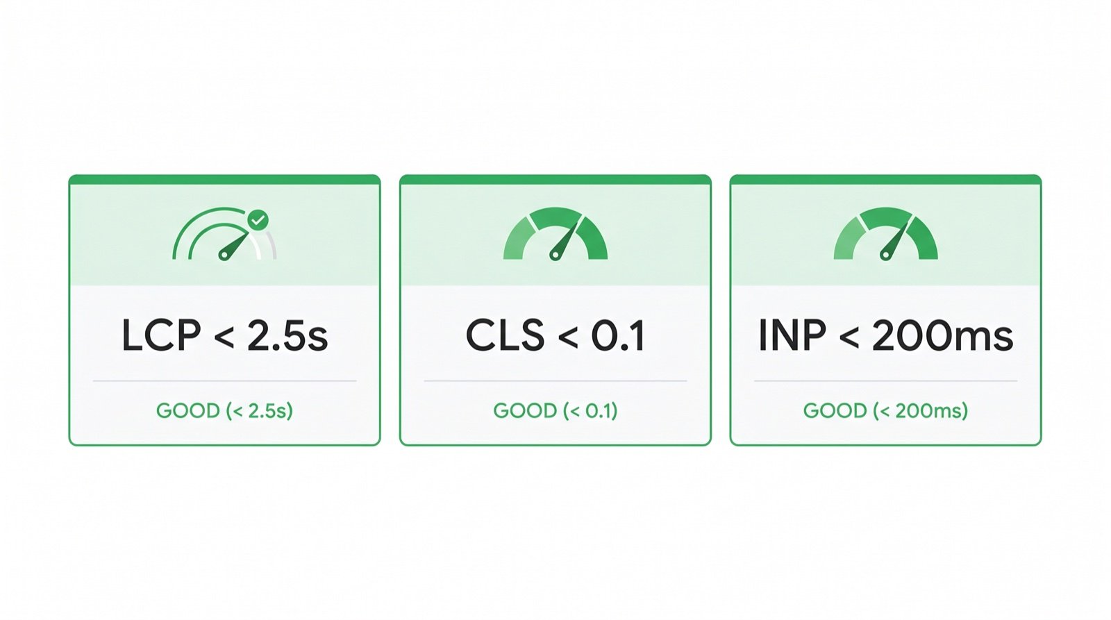 Core web vitals gränsvärden: lcp under 2,5 sekunder, cls under 0,1, inp under 200 ms