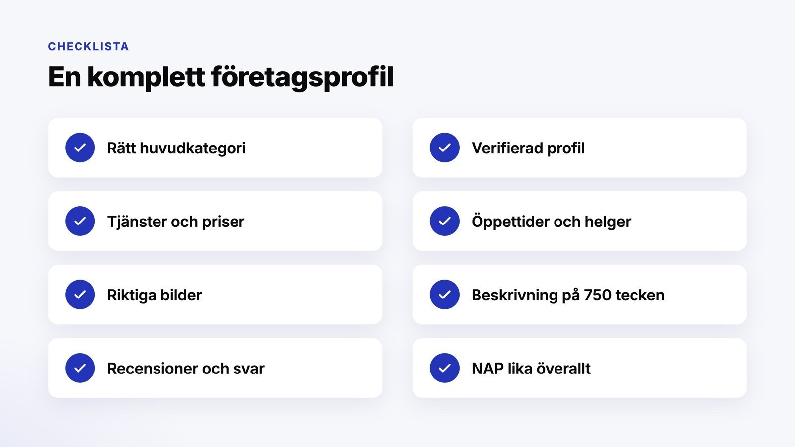 Checklista för en komplett google företagsprofil med kategori, tjänster, bilder och recensioner