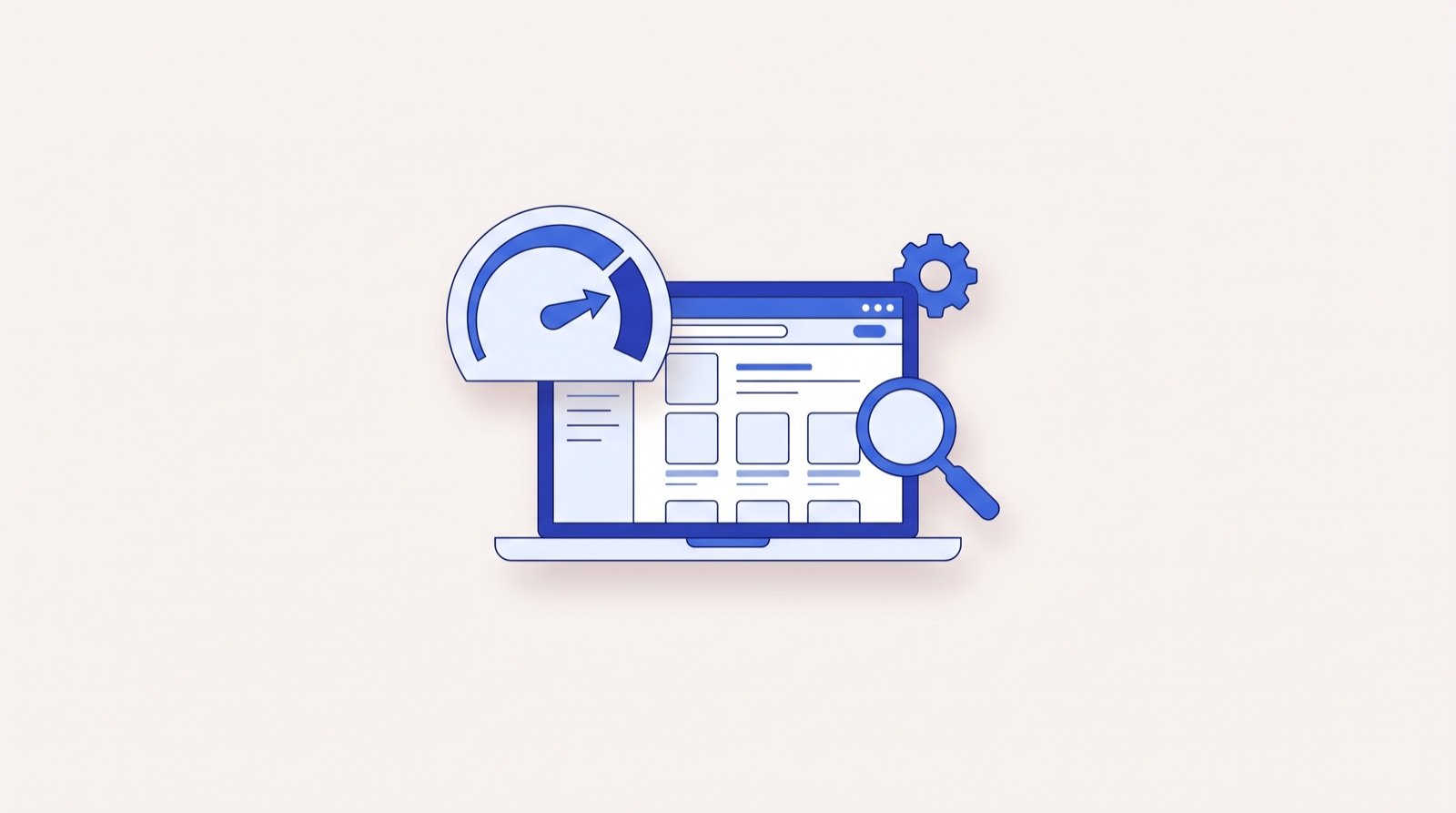 Illustration av teknisk seo för en webshop med hastighetsmätare och kugghjul