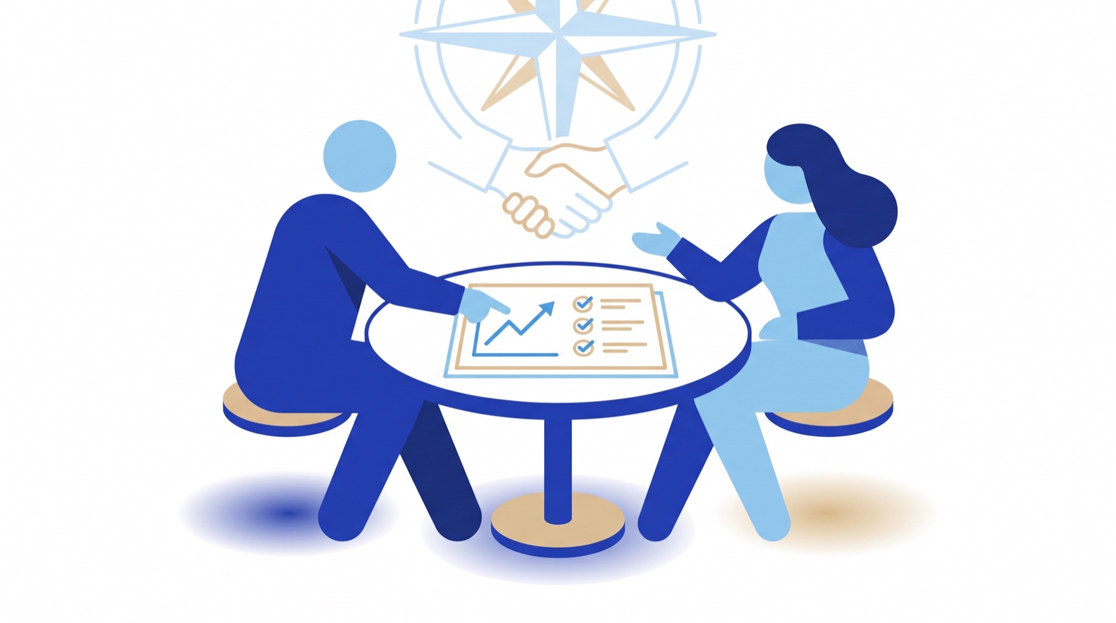 Illustration av två personer som går igenom en rapport med diagram och checklista vid ett bord