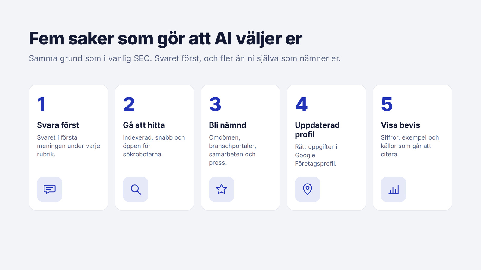 Fem saker som gör att ai-sök väljer ditt företag som källa, från tydliga svar till omnämnanden