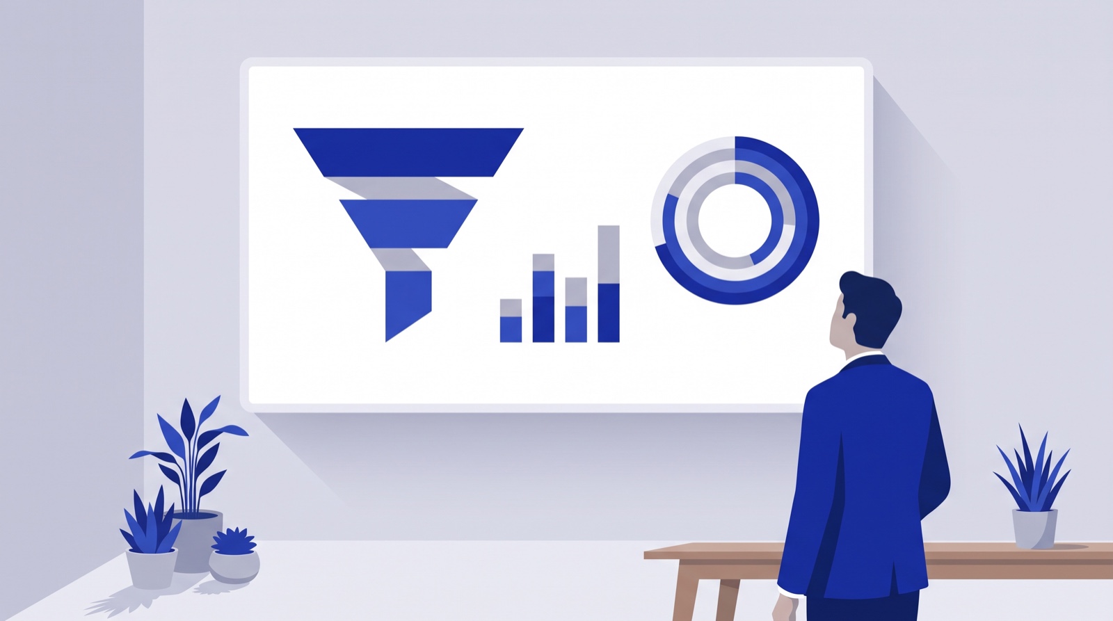 Illustration av en person som analyserar rapporter med tratt, stapeldiagram och cirkeldiagram i google analytics 4
