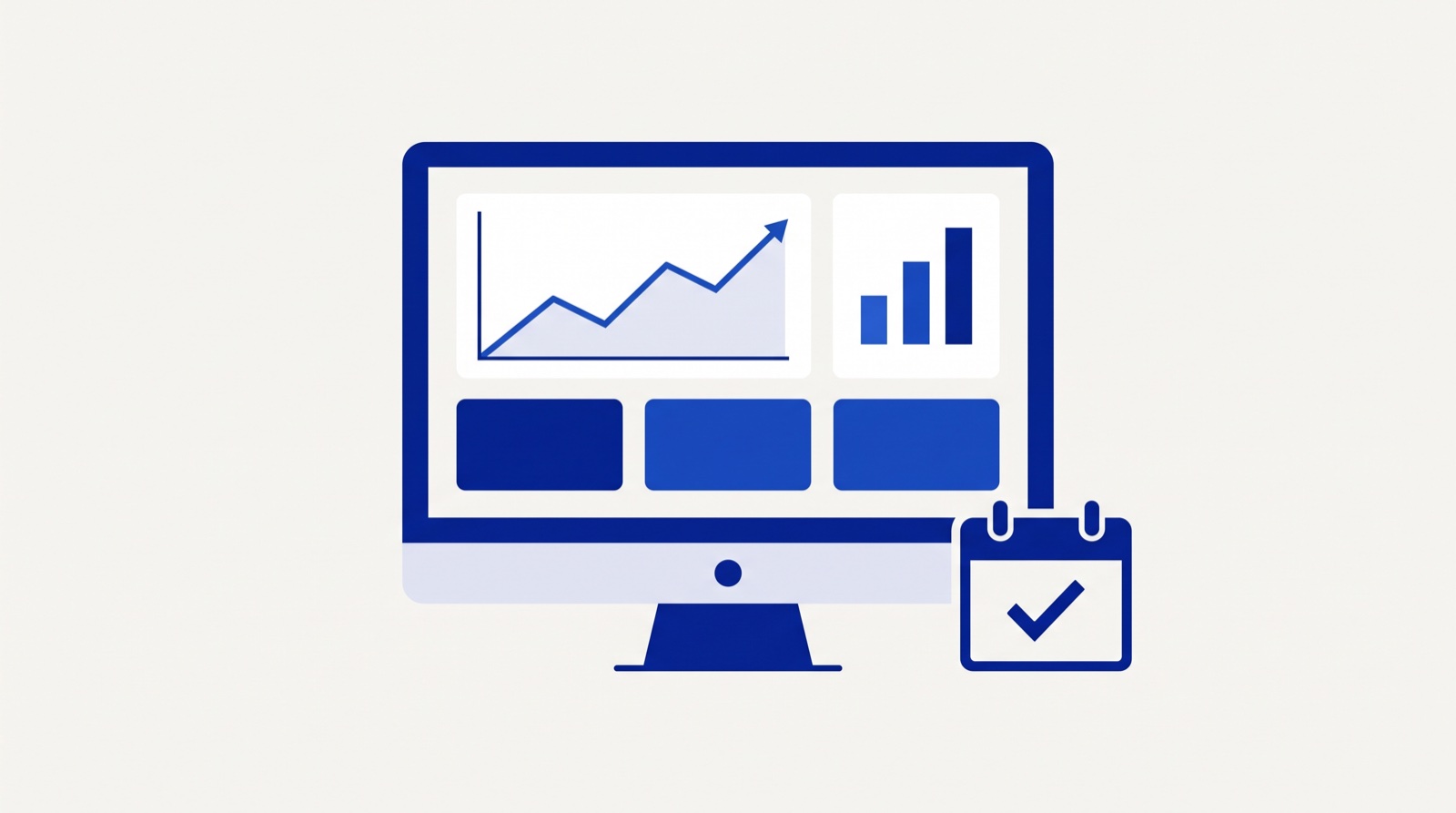 Illustration av en dashboard för att mäta seo med trendkurva, staplar och nyckeltal