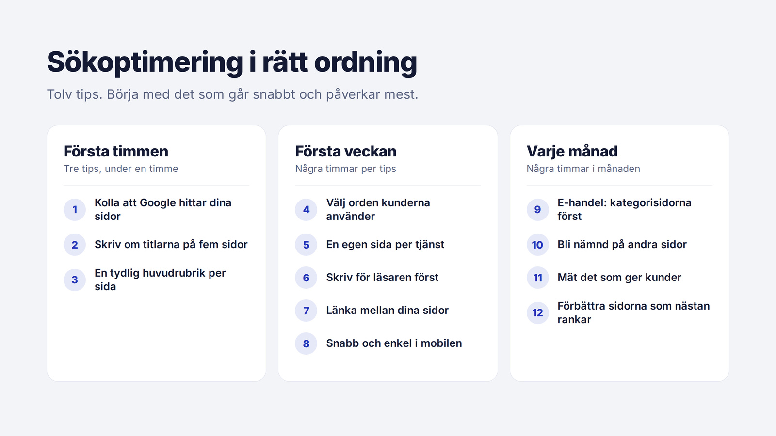 Tolv tips i rätt ordning, fördelade på första timmen, första veckan och varje månad